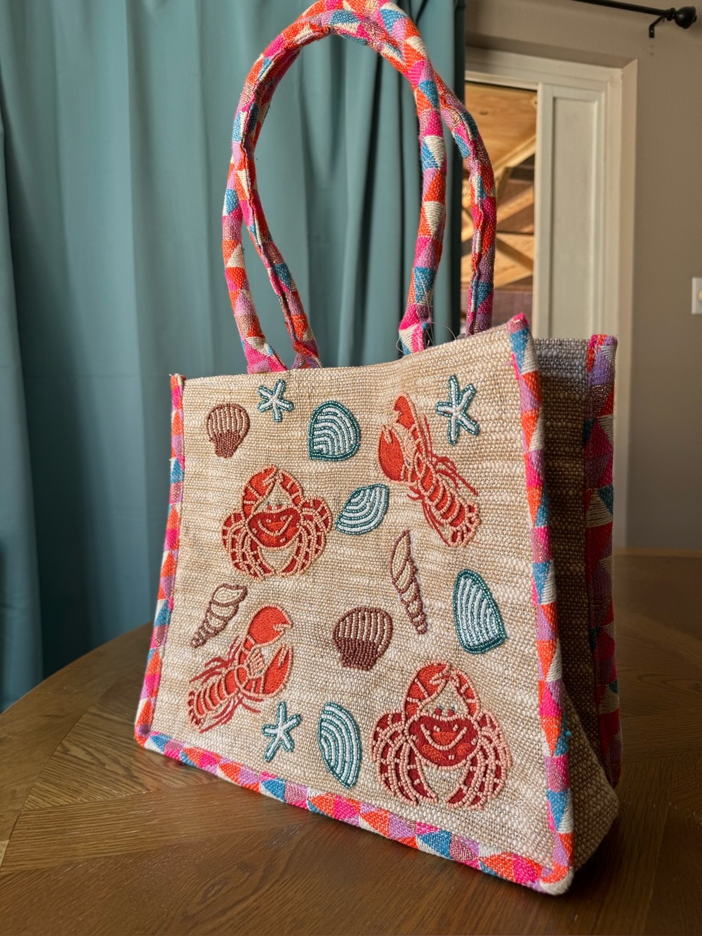 🦞 A & B 🦀 Express Edit CRABBY CHIC BOXY TOTE - Beaded Jute Beach Bag NWT